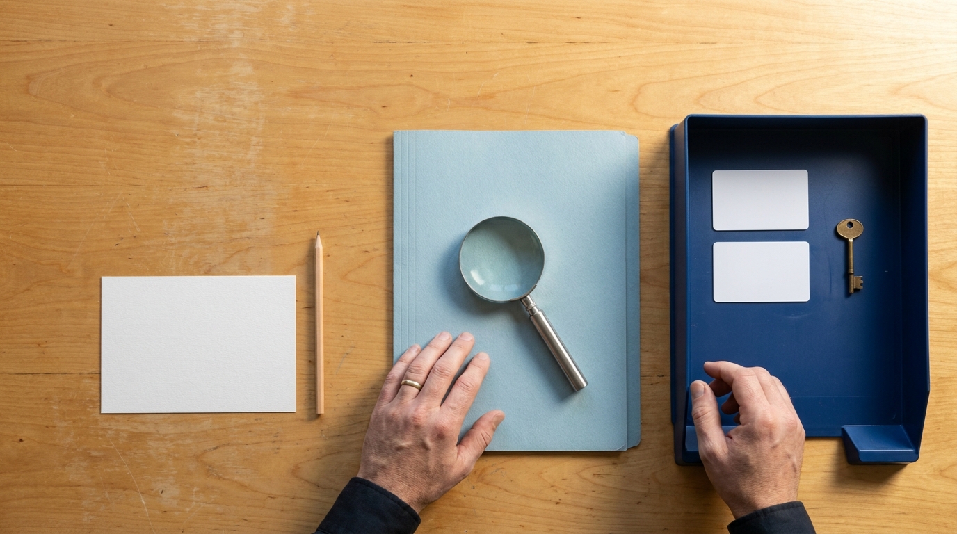 Top-down view of three visual plan choices on a nonprofit office table, with two blank staff badges beside the team option.